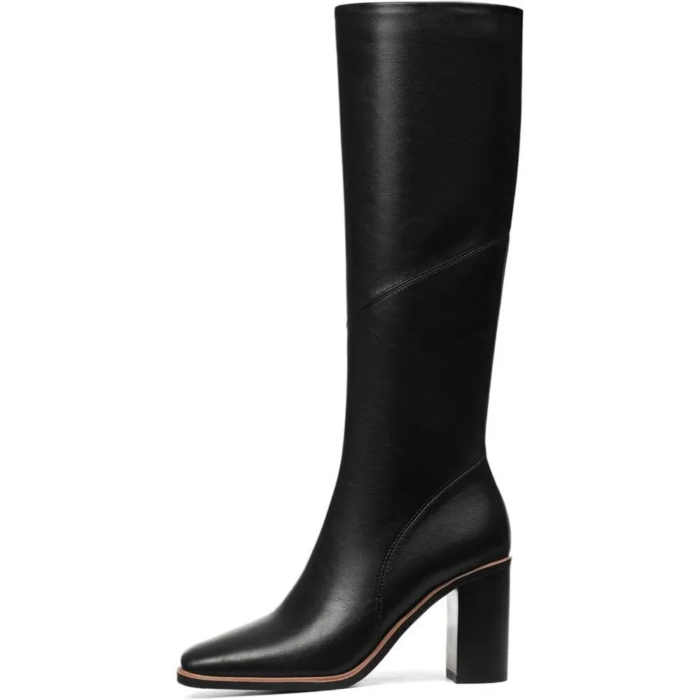 Women’s Polyurethane Black Waterproof Square Toe Chunky Block Heel Leather Boot